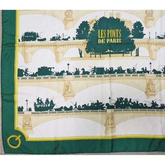 Hermes Les Ponts de Paris Silk Scarf in Green and Gold - Picture 5 of 12